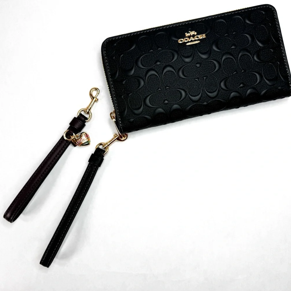 Coach Black Embossed Signature Zip Around Wallet w/ Wristlet Straps | NWT Boxed - Picture 4 of 8